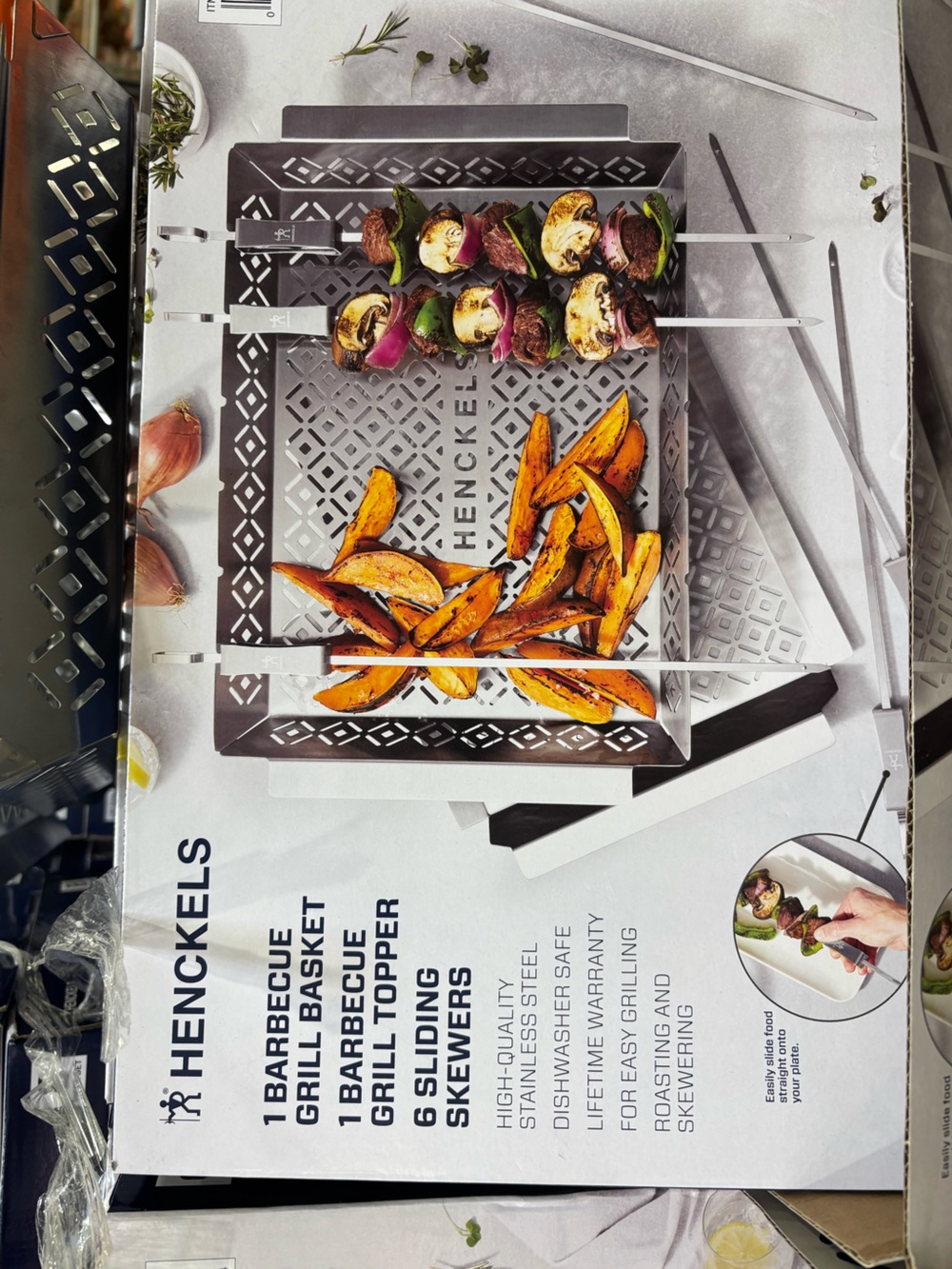 Henckels 8-piece BBQ  Grill Trays & Skewer Set Topper basket NEW Grilling meat